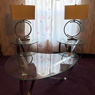 Uniquely Shaped Glass/Chrome Coffee Table w/Matching End Tables & Lamps