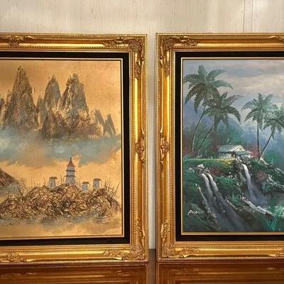 Pair of VTG Oil Paintings - Asian & Tropical Landscapes in Gold-Colored Frames