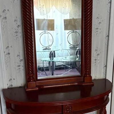 Matching Cherry Finish Half Moon Consule Table & Hanging Wall Mirror
