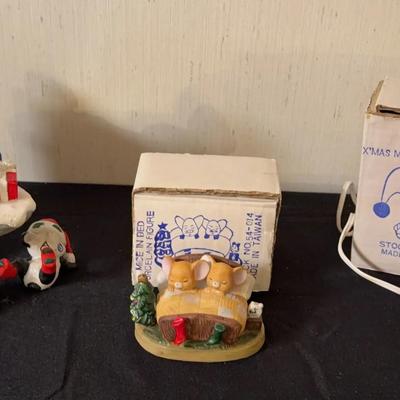Vintage Xmas Mouse Nightlight, Christmas Mailbox, Mice in a Bed Figurine