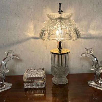 ALL VTG Satin Glass Mushroom Lamp w/Pair of Crystal Candlestick Holder & Crystal Jewelry Casket