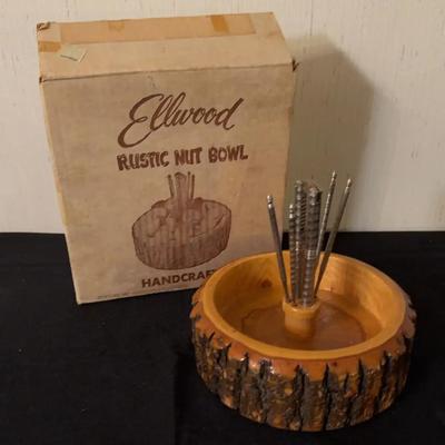 Vintage Ellwood Rustic Nut Bowl w Metal nutcracker & picks 