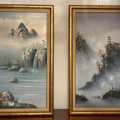 Pair of VTG Chinese Mountain Landscapes in Gold-Colored Frames