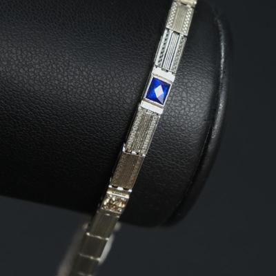 20K White Gold Art Deco Style Sapphire & Diamond Panel Link Bracelet - 6.5"