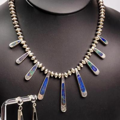 Sterling Silver Sigi Pineda Signed Reversible Azurite-Malachite & Jet Necklace & Earrings