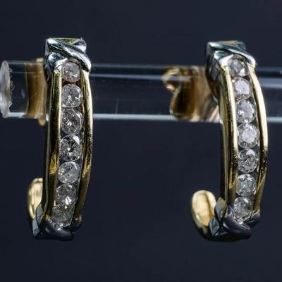 14K Yellow & White Gold Diamond Half Hoop Earrings - .75" Long