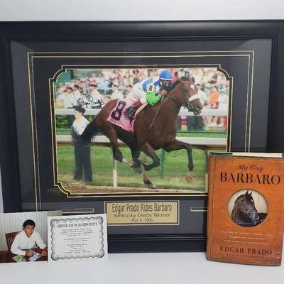 Edgar Prado Autographed Book & Barbaro Photo With COA - Framed 19x23”