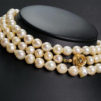14K Gold Diamond Accented Clasped Baroque Pearls - 40"