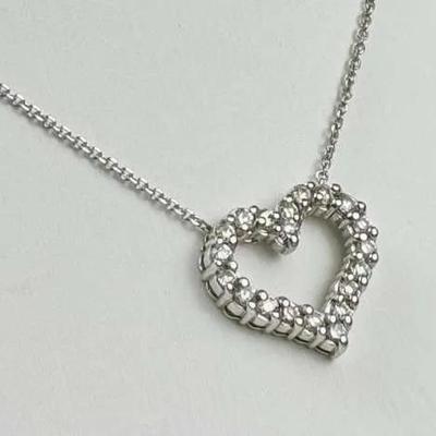 14K White Gold Diamond Heart Pendant On 14K Marked 17" Chain Necklace