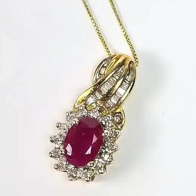 10K Gold Ruby & Diamond Pendant on a 10K 19" Fine Herringbone Chain Necklace