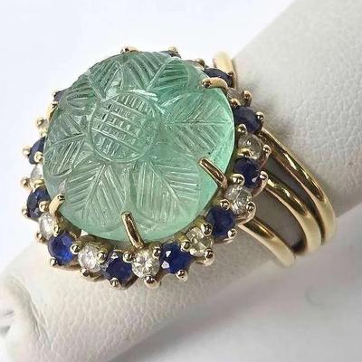 14K Gold 15.9mm Emerald Cabochon  Ring with 2.5mm Diamond & Sapphire Halo - Size 5