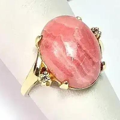 14K Gold Rhodochrosite Cabochon Ring with Diamond Accents - Size 4.5