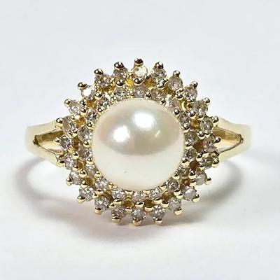 14K Gold .9mm Cultured Pearl Ring with Diamond Halo - Size 6.5
