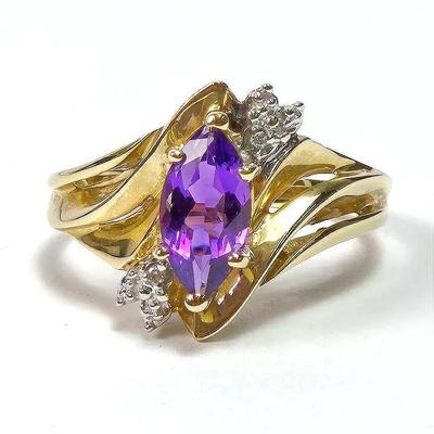 10K Gold Marquise Amethyst Ring with Diamond Accents - Size 6.75