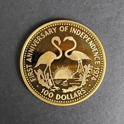1975 Bahamas $100 Gold Coin (.500 Fine), Mint Condition with Certificate