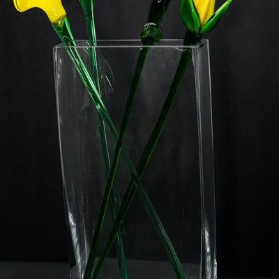 Murano Style Hand Blown Glass Flowers In Handmade Vase