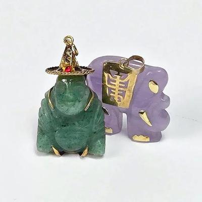 14K Gold Carved Jade Buddha & Elephant Pendants  1.25" Long