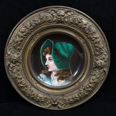 Antique Hand Painted Porcelain Portrait Plate With Ornate Brass Frame
