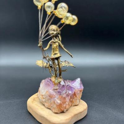 Girl With Balloons On Amethyst Sculpture (Brass, Glass, Crystal,Wood Medium)