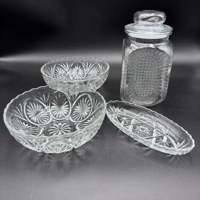 Vintage Anchor Hocking Set (2) Serving Bowls, Relish Dish & Apothecary Cannister 