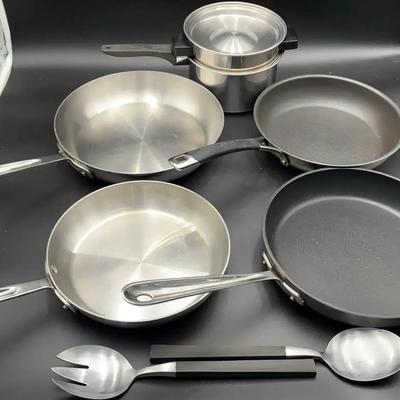 (5) Stove Top Pans (3 AllClad) and High End Serving Spoon and Fork