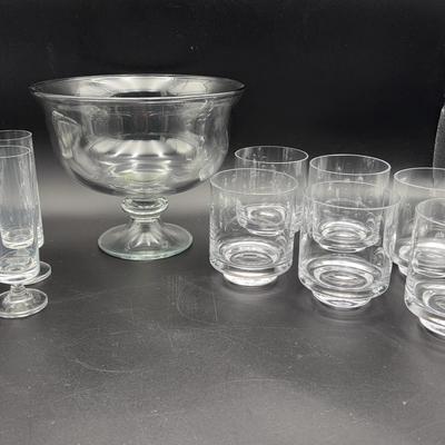 Glass Trifle Dish with (6) Polish Glasses and Parfait Glasses