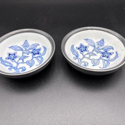 Vintage Pewter Wrapped Porcelain Bowl From Hong Kong