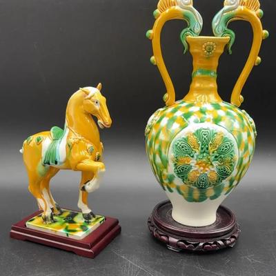 Tri-Color Pottery Chinese Dragon Vase & Riding Horse