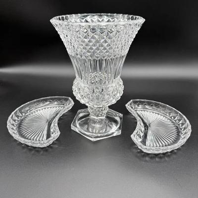 Val St. Lambert Lead Crystal Footed Vase & Crescent Dishes (All Signed) *** See Description for Cond