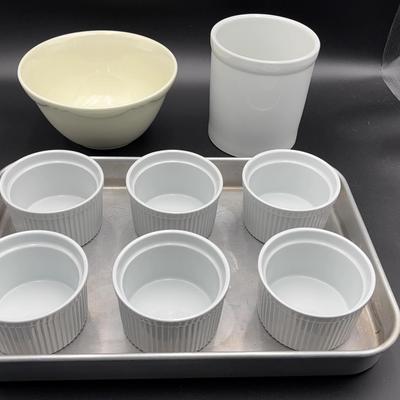 Ceramic Bakeware; includes ramekins with water bath pan and mixing bowl and crock