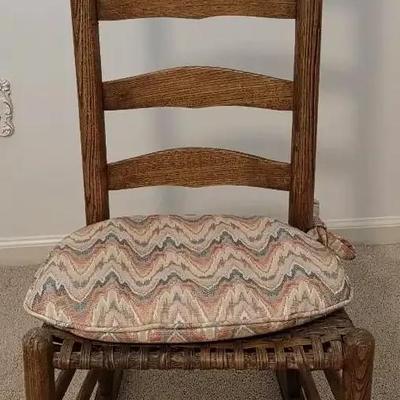 Vintage Ladder-Back Wood Rocking Chair with Woven Seat & Cushion