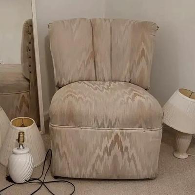 Accent Chair With Neutral Upholstery & Two Working Table Lamps