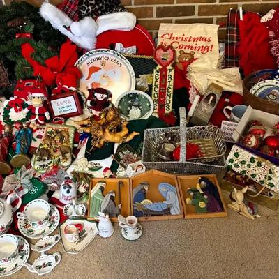 Large Collection of Christmas Décor Featuring Wreaths, Textiles, Ornaments & “A Cup of Christmas Tea