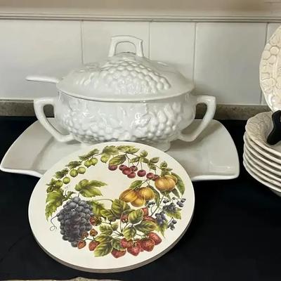 White Ceramic Serving Set Featuring Fruit Punch Bowl, Grape Plates & Crown Victoria “Lovelace”