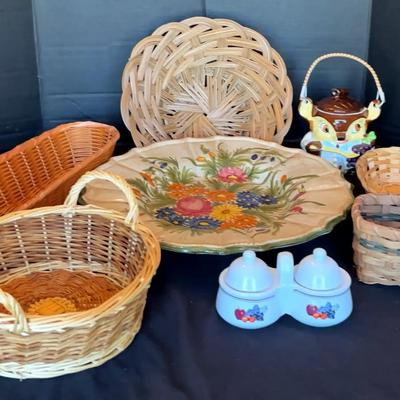 Baskets, Vintage Cookie Jar, Floral Dish & Hand-Painted Fruit Decor