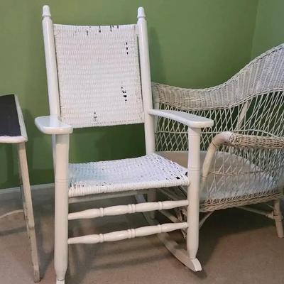 Wicker Arm Chair, Wooden Rocking Chair & Small Accent Table