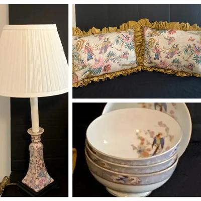 Oriental-Inspired Pillows, Porcelain Bowls & Vintage Dresden-Style Lamp