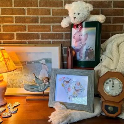 Wood Chest, GE Wall Clock, Lamp & Framed Art Collection