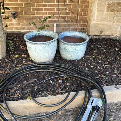 Blue And White Patio Pots, Trellis Hose And Sprinkler