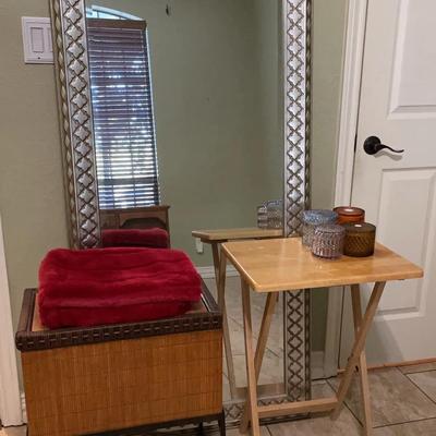 Floor Length Mirror, Trunk With Stand, TV Tray, Pillow Cases And Candle Holders