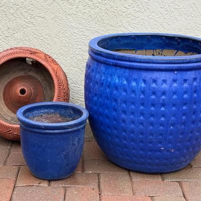 Ceramic Blue Planters & Garden Hose Storage 