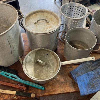 Vintage Large Pots, 2 Lids, Bbq Utensils, 4 Rubber Hand Mits