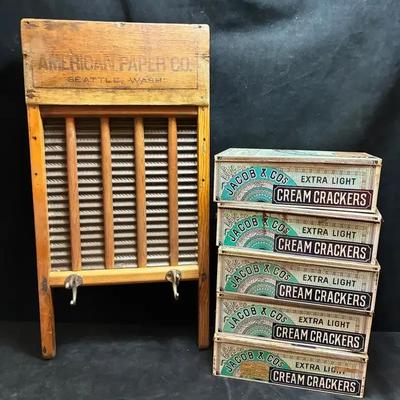 American paper co washboard wall hooks and jacob s crackers tins