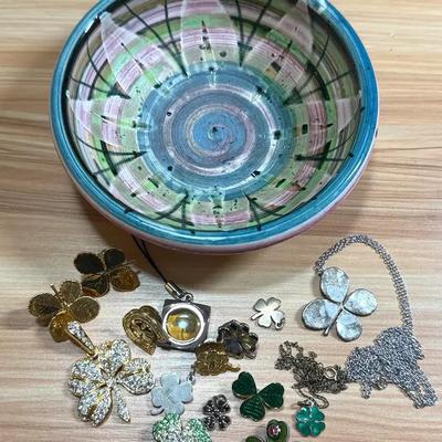 David sharp pottery bowl with lucky clover charms jewelry