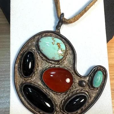 Silver pendant carnelian onyx & turquoise