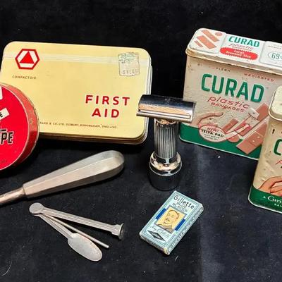 Vintage medicine cabinet stanley electric razor curette and tins
