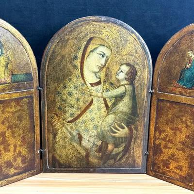 Wooden 3 panel triptych madonna child