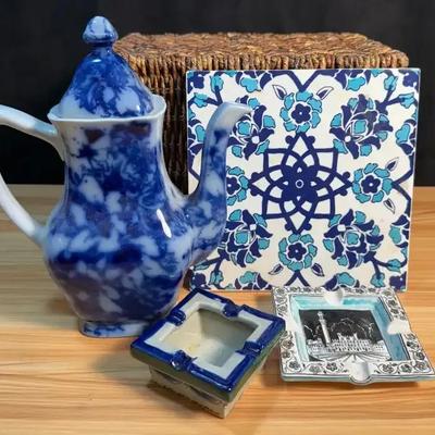 Flow blue ironstone teapot other pieces