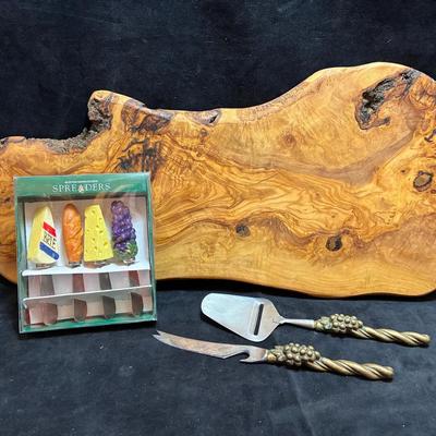 Olive wood cheese board and knives