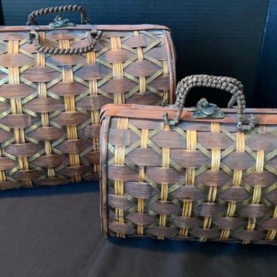 Large Wood Suitcase Set - Rustic Home Decor - Woven Pattern, Open With Clasp